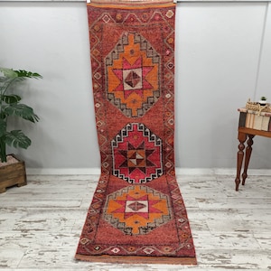herki runner, pink runner rug, soft wool rug, nomadic rug, tribal mat, entryway rug, foyer mat, vintage turkish rug, 3 x 11.2 ft, VT 4247