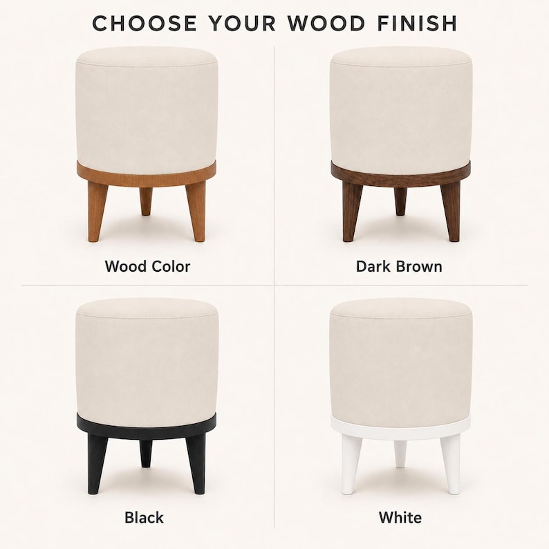 four different styles of ottomans, each with a distinct wood finish. The ottomans are arranged in a grid format, with each row representing a different wood color and each column representing a different style. The text "CHOOSE YOUR WOOD FINISH" is displayed above the ottomans, indicating that the image is a selection of ottomans with various wood finishes to choose from.