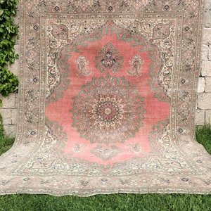oversize oushak rug, pink wool rug, low pile rug, traditional rug, wedding rug, lounge rug, turkish vintage rug, 9.6 x 12.6 ft, VT 4669