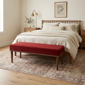 Banc pour chambre à coucher, banc en velours rouge, banc d'entrée, banc haut, banc de table à manger, banc ottoman, banc de cheminée, 18 x 18 x 48 po., velours rouge