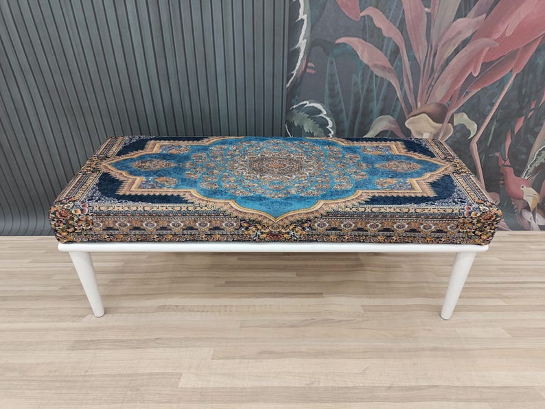 bedroom ottoman bench, wood bench, boho chair, dining table bench, footstool bench, turkish rug bench, upholstered bench, Bench 867