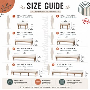The image is a size guide that provides dimensions for various furniture pieces, such as benches and tables, along with their corresponding measurements. The guide is designed to help customers determine the appropriate size of the furniture based on their space and preferences.