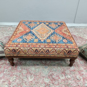 Blue Coffee Table, Handmade Ottoman, Footstool Bench, Living Room Bench, Bohemian Table, Wood Work Bench, Home Decor Bench, 13x36x36''