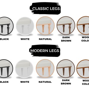 a color palette for classic legs, with each color represented by a circle and the corresponding description. The colors are black, white, natural, dark brown, wood color, and brown.