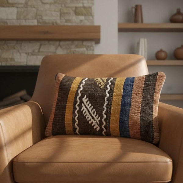 Multicolor Striped Vintage Kilim Pillow 8x16 with White Tribal Symbols, Boho Wool Lumbar for Sofa, 8-16VT 99