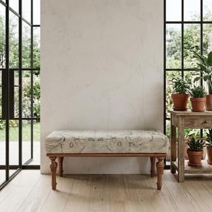 Neutral Handwoven Wool Bench | Antique Rectangular Rustic Entry Stool 12x36" VT 14