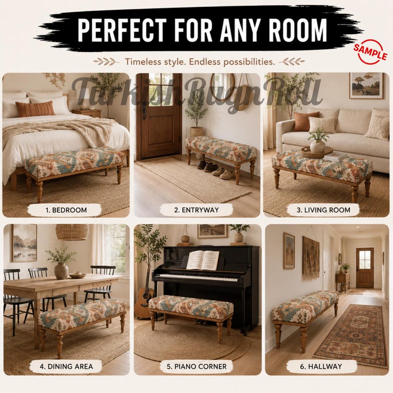 The image is a collage of six different rooms, each with a unique piece of furniture or decor, showcasing various styles and functions.