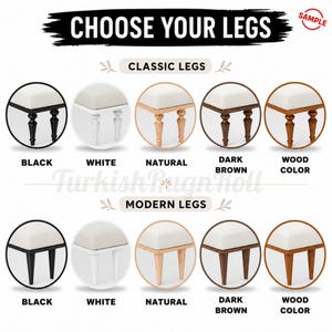 a collection of furniture pieces, including ottomans, with different color options and styles. The furniture pieces are labeled with their color options and styles, such as classic legs, modern legs, black, white, natural, dark brown, and wood color.