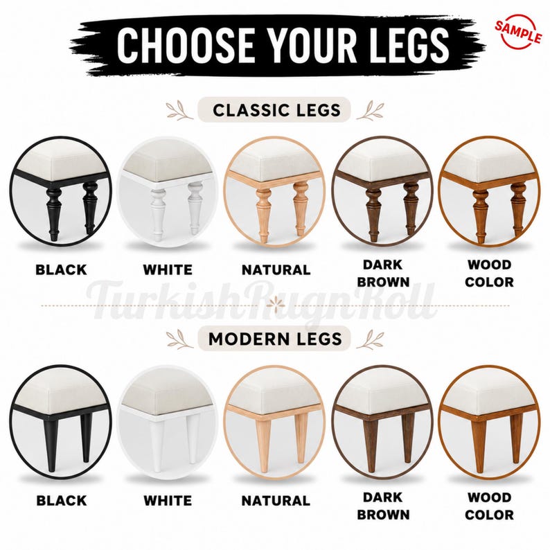a collection of furniture pieces, including ottomans, with different color options and styles. The furniture pieces are labeled with their color options and styles, such as classic legs, modern legs, black, white, natural, dark brown, and wood color.