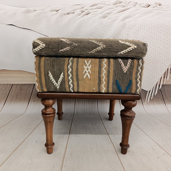 Kilim Upholstered Bench, Handmade Furniture, Make Up Table Bench, Coffee Stool, Porch Chair, Bohemian Floor Chair, Rustic Bench, ST 28 18x18