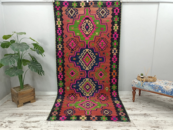 large kilim rug, tribal rug, oushak vintage rug, aztec rug, ikat rug, hallway rug, entryway rug, stair rug, turkish rug, 4.5x9.3 ft, VT 3237