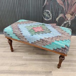 Ottoman Bench, Antique Kilim Bench, Upholstered Bench, Ottoman Pouf, Handmade Bench, Piano Bench, Vanity Pouf, 18x18x36&#39;&#39; BENCH 379