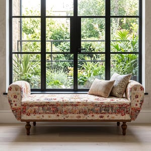 May include: A decorative bench with a patterned fabric in red, beige, and blue tones. The bench has curved armrests and wooden legs. Two decorative pillows rest on the bench, in front of a large window with a view of greenery.