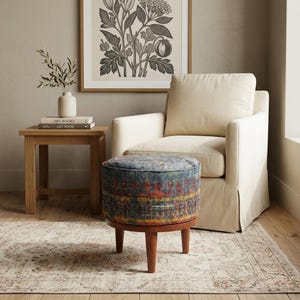 Dressing Table Bench, Vanity bench, Ottoman pouf, Pouf with legs, Entry bench, Handmade furniture, Foot rest stool, Round footstool, FS 107