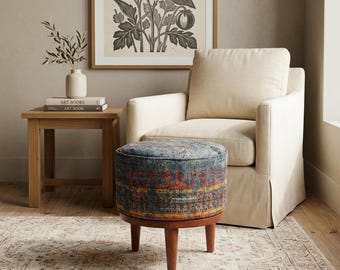 Dressing Table Bench, Vanity bench, Ottoman pouf, Pouf with legs, Entry bench, Handmade furniture, Foot rest stool, Round footstool, FS 107