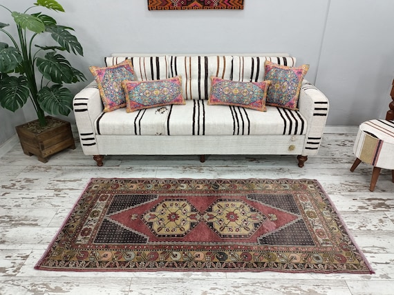 purple area rug, hand knotted rug, turkish oushak rug, living room rug, boho rug, ethnic rug, natural rug, vintage rug, 3.1 x 6.4 ft VT 3125