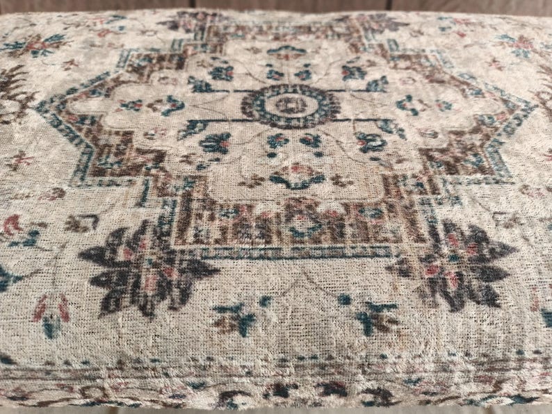 a close-up view of a decorative rug or carpet with intricate patterns and designs.