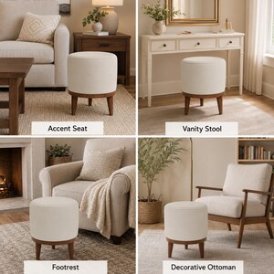 The image is a collage of four different living room furniture pieces, each with a white ottoman, and each labeled with a different type of ottoman: "Accent Seat", "Vanity Stool", "Footrest", and "Decorative Ottoman".
