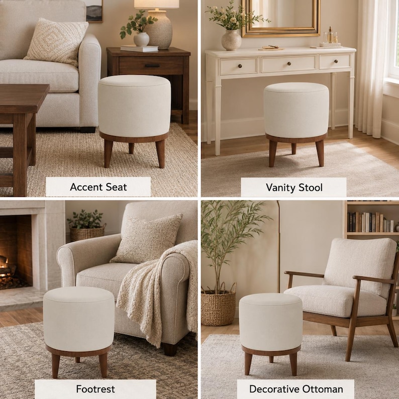 The image is a collage of four different living room furniture pieces, each with a white ottoman, and each labeled with a different type of ottoman: "Accent Seat", "Vanity Stool", "Footrest", and "Decorative Ottoman".