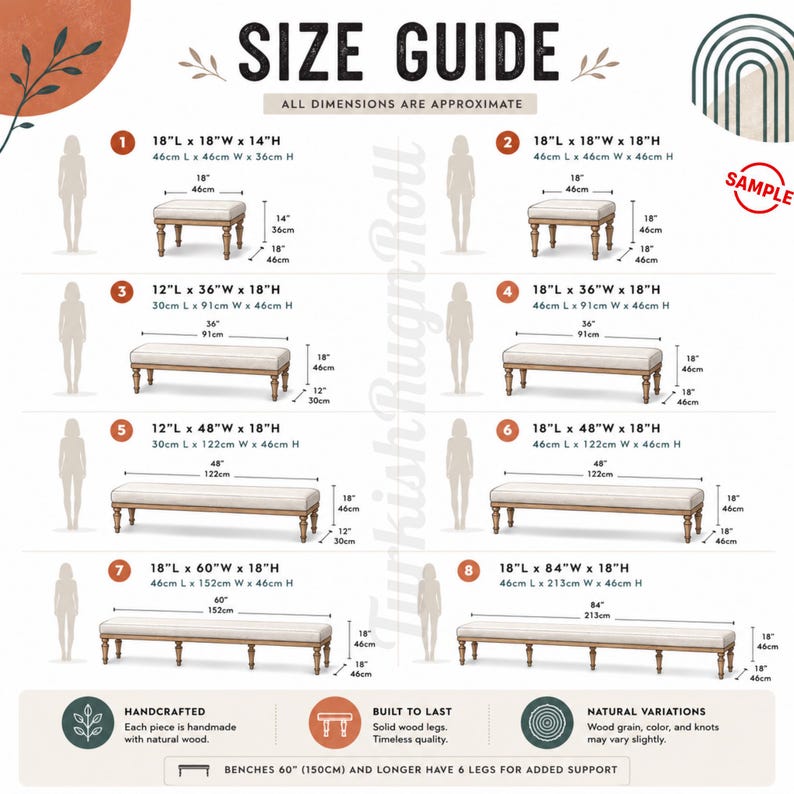The image is a size guide that provides dimensions for various furniture pieces, such as benches and tables, along with their corresponding measurements. The guide is designed to help customers determine the appropriate size of the furniture based on their space and preferences.