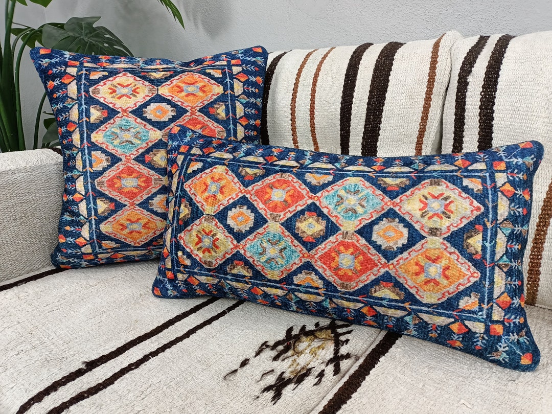 Decorative Pillows, Orange Blue Pillow, Pillow With Diamonds, Rug