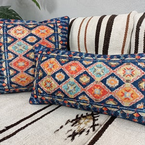 decorative pillows, orange blue pillow, pillow with diamonds, rug design pillow, floor cushion, boho pillow cover, lounge pillow, PT 163