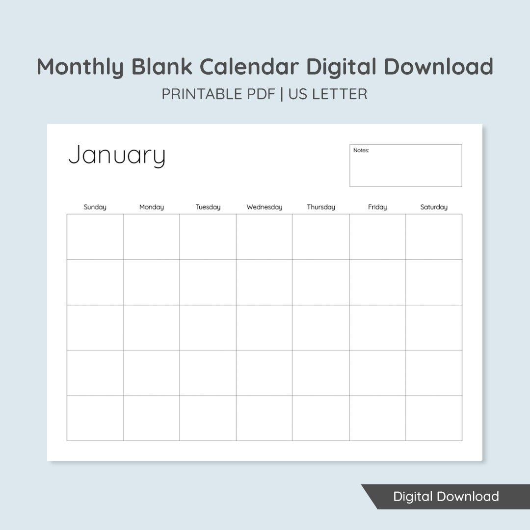 Monthly Blank Calendar, Simple Design, Digital Download, 11in X 8.5in ...
