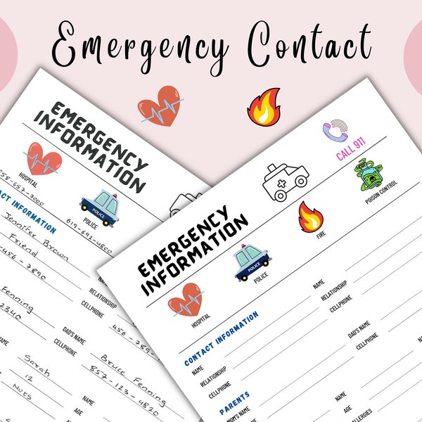 Emergency Contact Info Sheet | Home Emergency | Nanny Information | Medical Contact | Contact Info Sheet | Digital Prints | Instant Download