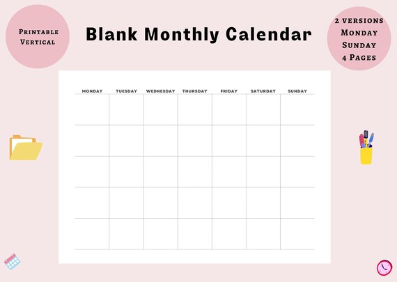 Blank Monthly Calendar Printable Landscape Monthly Planner | Etsy