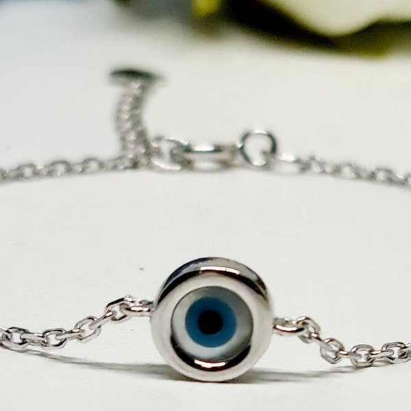 Evil Eye Bracelet, Sterling Silver Evil Eye Bracelet, Silver and Mother of Pearl Evil Eye Bracelet, 925 Sterling Silver Evil Eye Bracelet