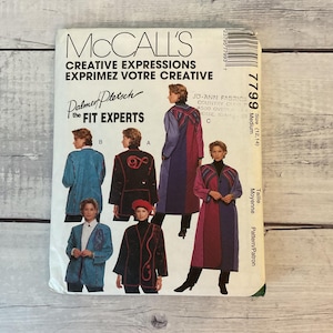 May include: A McCall's Creative Expressions sewing pattern envelope 7799 for size medium (12, 14). The front features illustrations of jackets and coats in various colors and styles, including blue, black, and purple designs with decorative stitching.