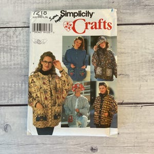 May include: A Simplicity Crafts sewing pattern envelope, number 7218, size BB L, XL. The white paper envelope features illustrations of four different jacket styles with various patterns, including American flag motifs and floral designs, with front pockets.
