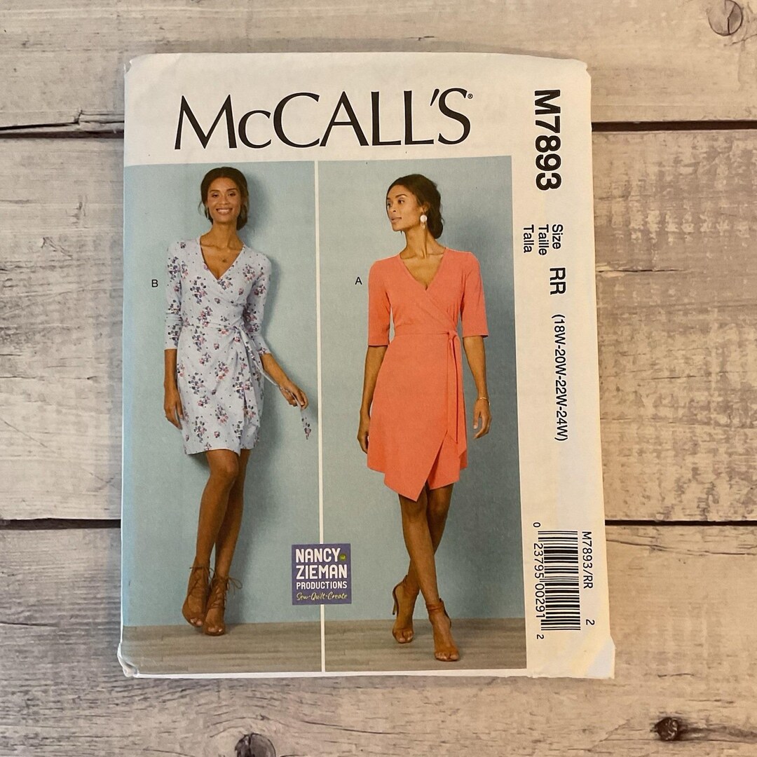 Mccalls 7893 Sewing Pattern Dress Wrap Side Tie Belt Knit Miss 18W-24W ...