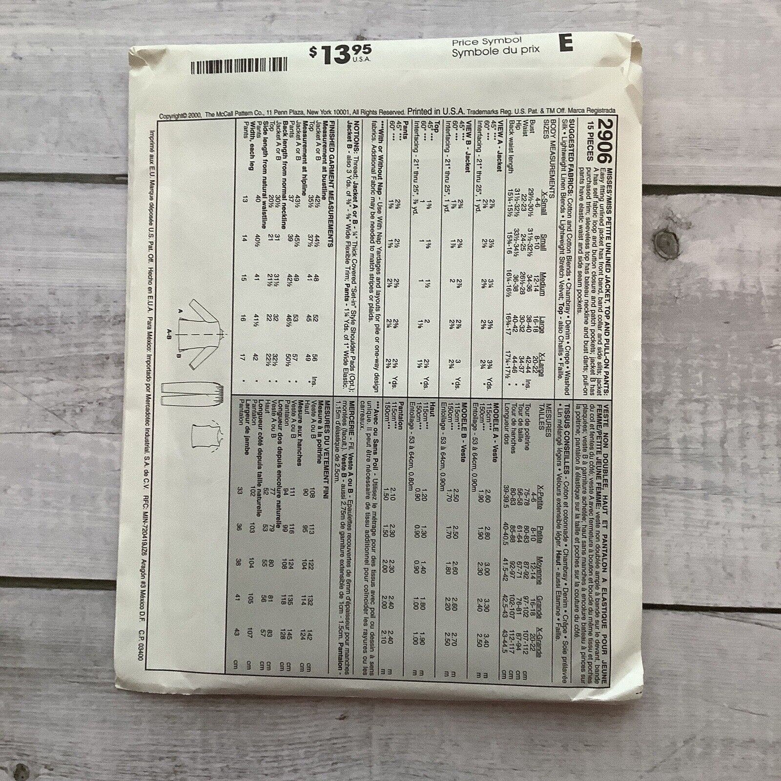 Mccalls 2906 Sewing Pattern Jacket Pants Top Misses Size XL 20-22 UNCUT ...