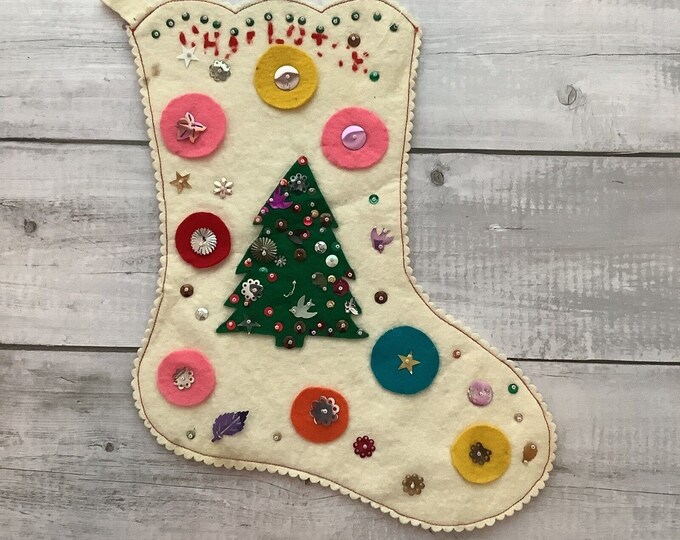 Vintage Handmade Christmas Stocking White Felt Appliqués Sequins Tree