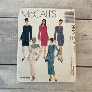 May include: A McCall's sewing pattern featuring illustrations of women's suits. The pattern includes various suit styles with jackets and skirts in different colors. The pattern size is B (8-10-12).