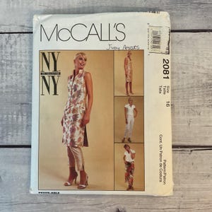 May include: A McCall's sewing pattern envelope for style 2081, size 16. The front features a tan and floral print sleeveless tunic, matching pants, and three smaller inset photos showing variations of the garment, including a skirt and white pants.
