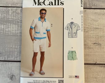 McCalls 8414 Sewing Pattern Shirt Knit 1/4 Zip Pockets Shorts Mens 44-52 UNCUT