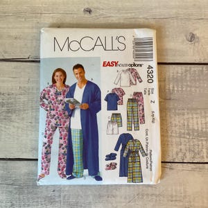May include: A McCall's 4320 sewing pattern envelope for lounge wear, featuring illustrations of a long-sleeved top, pants, and a robe in various floral and plaid patterns. The text includes the brand name, pattern number 4320, and size Z.