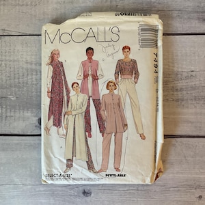May include: A McCall's 7494 sewing pattern envelope featuring illustrations of four different outfits including long vests, tunics, and trousers. The text includes the brand name McCall's, the pattern number 7494, and size D (12, 14, 16).