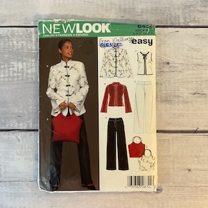 May include: A New Look 6435 sewing pattern envelope featuring illustrations of a mandarin collar jacket with floral print, a sleeveless top with a tie neck, and wide-leg trousers. The cover displays a model wearing the jacket and carrying a red bag.