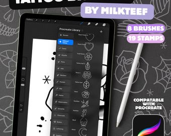 May include: A digital art product for Procreate, showcasing tattoo brushes by Milkteef on a tablet. The screen displays a Procreate library with various brush and stamp options, including 8 brushes and 19 stamps. A white stylus is next to the tablet. Compatible with Procreate.