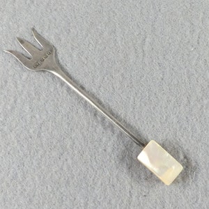 Sterling silver cocktail fork mother of pearl handle vintage Sheffield England Emile Viner C1934 small trident three tine sardine olive