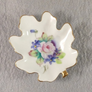 Trinket Pin dish vintage leaf shaped hand painted flowers fine china porcelain ring dish with gold gild rim dressing table decor PST