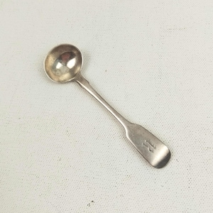 May include: A small silver-toned metal spoon with a round bowl and a flat, straight handle. The handle features a small, engraved letter R near the end. The surface of the spoon has a polished, reflective finish with visible signs of light wear.