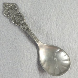 Pewter spoon vintage Nordic Tinn H S Norway ornate souvenir Norge sea ship house figural finial matte silver metal