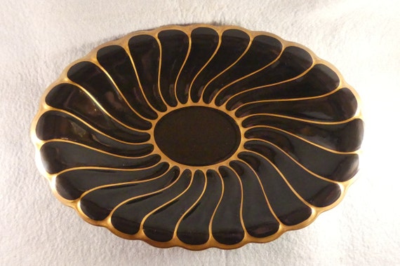 Striking Carlton Ware Noire Royale oval dish hand painted black gold swirled oblong platter shallow bowl lustre collectable scarce C1950