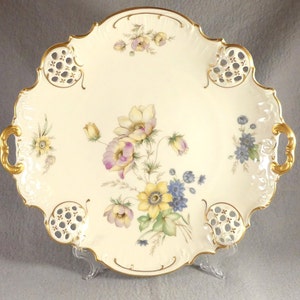 Rare Rosenthal Kronach Germany Moliere 3224 vintage 1940s Handled Serving Platter Floral reticulated large dish gold handles blue flowers