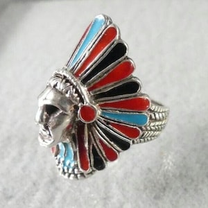 Vintage Ring Sterling Silver 925 Enamel Indian Chief with head piece feathers in red blue black Size N rare solid