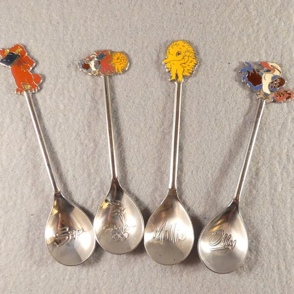 Collectable Sydney Olympic Games 2000 souvenir spoons set of 4 Olly Millie Syd enamel mascots official SOCOG 1996 made Australian olympics